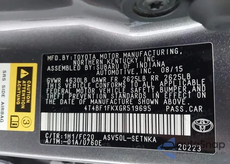2016 Toyota Camry Le from USA, damaged, VIN 4T4BF1FKXGR519695